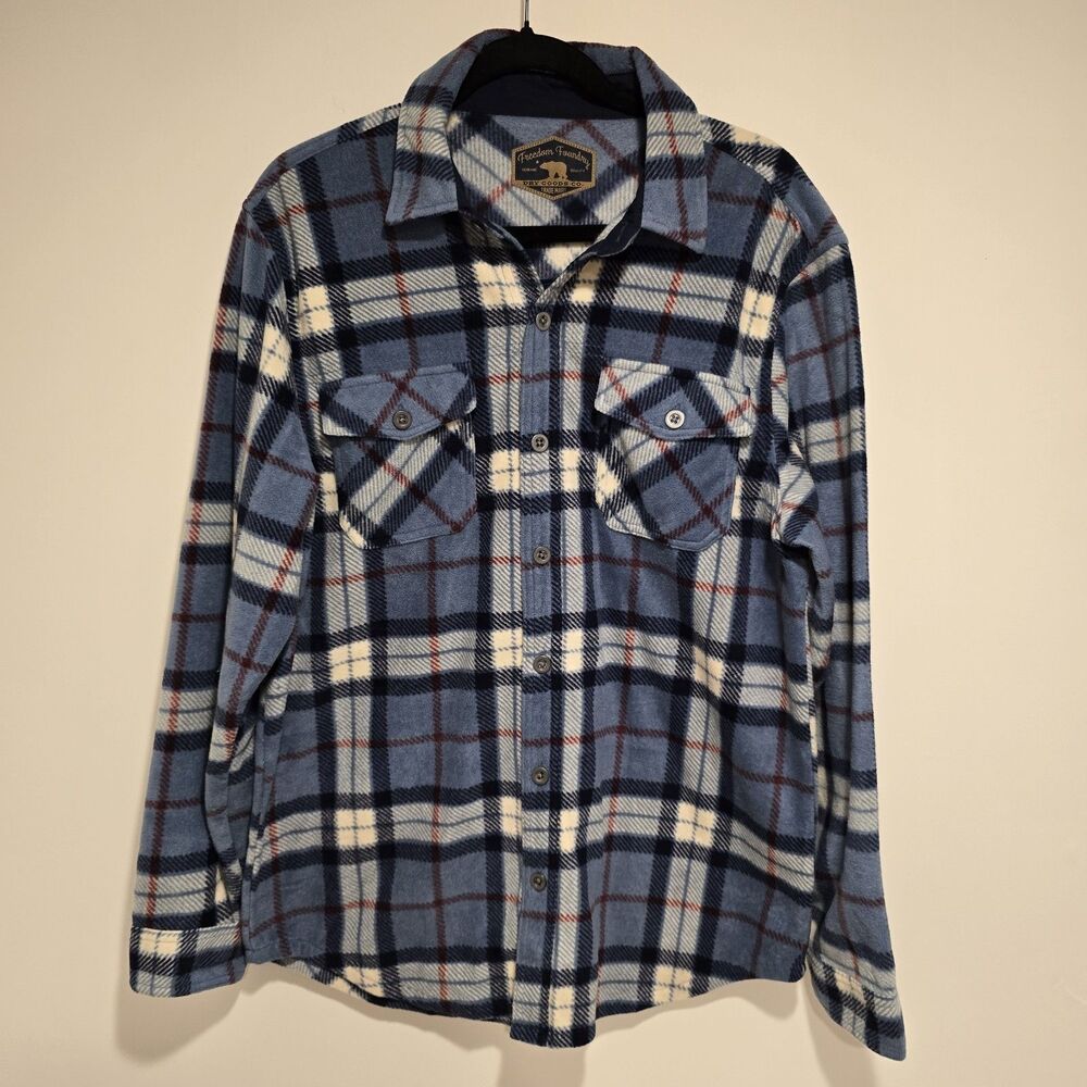 Freedom Foundry Fleece Button Up Shirt Medium Mens Plaid Blue White Outdoor Warm
